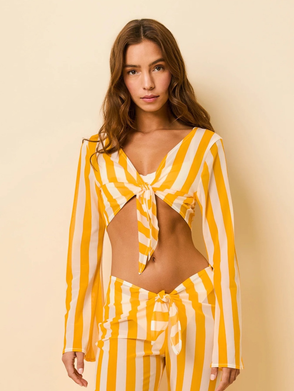 SOLID & STRIPED Yellow and White Striped Tie-Front Top